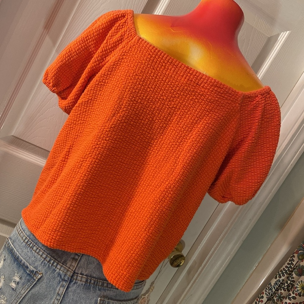 LOFT Orange Puff Sleeve Smocked Blouse - Picture 8 of 11